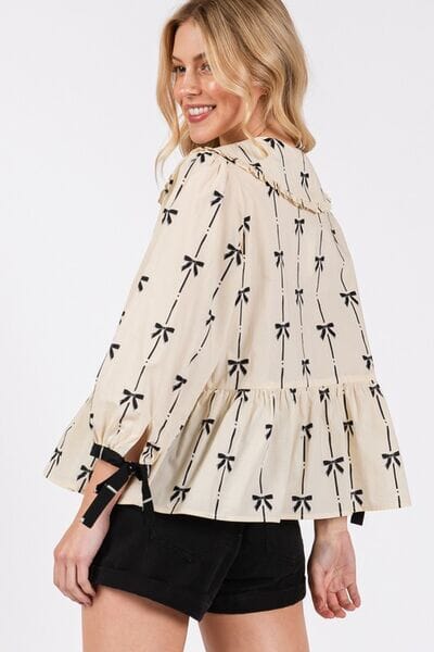 SAGE + FIG Bow Print Tie Front Babydoll Blouse - Sydney So Sweet
