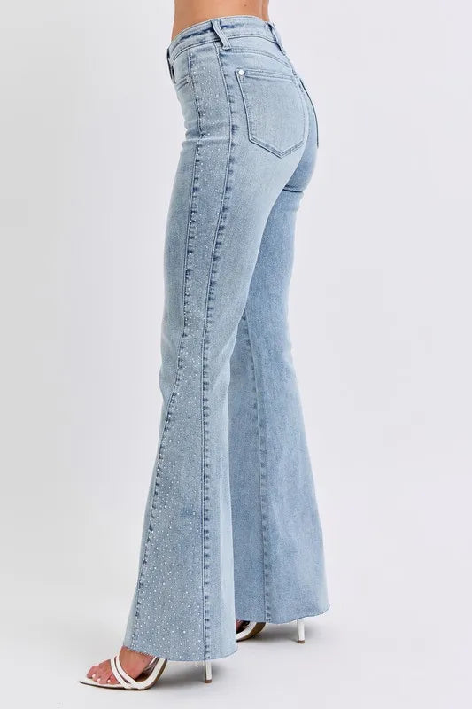 Judy Blue Full Size Mid Rise Rhinestone Side Panel Detail Flare Jeans Plus Size - Sydney So Sweet
