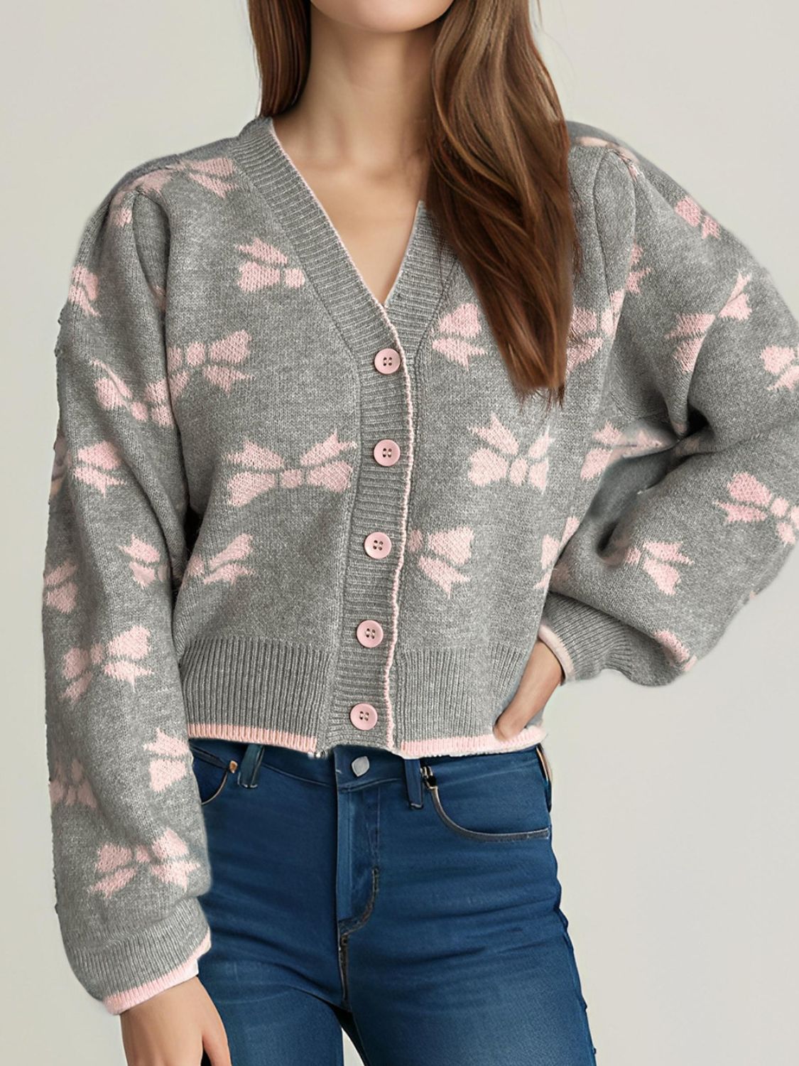 Bow V-Neck Button Down Long Sleeve Cardigan - Sydney So Sweet