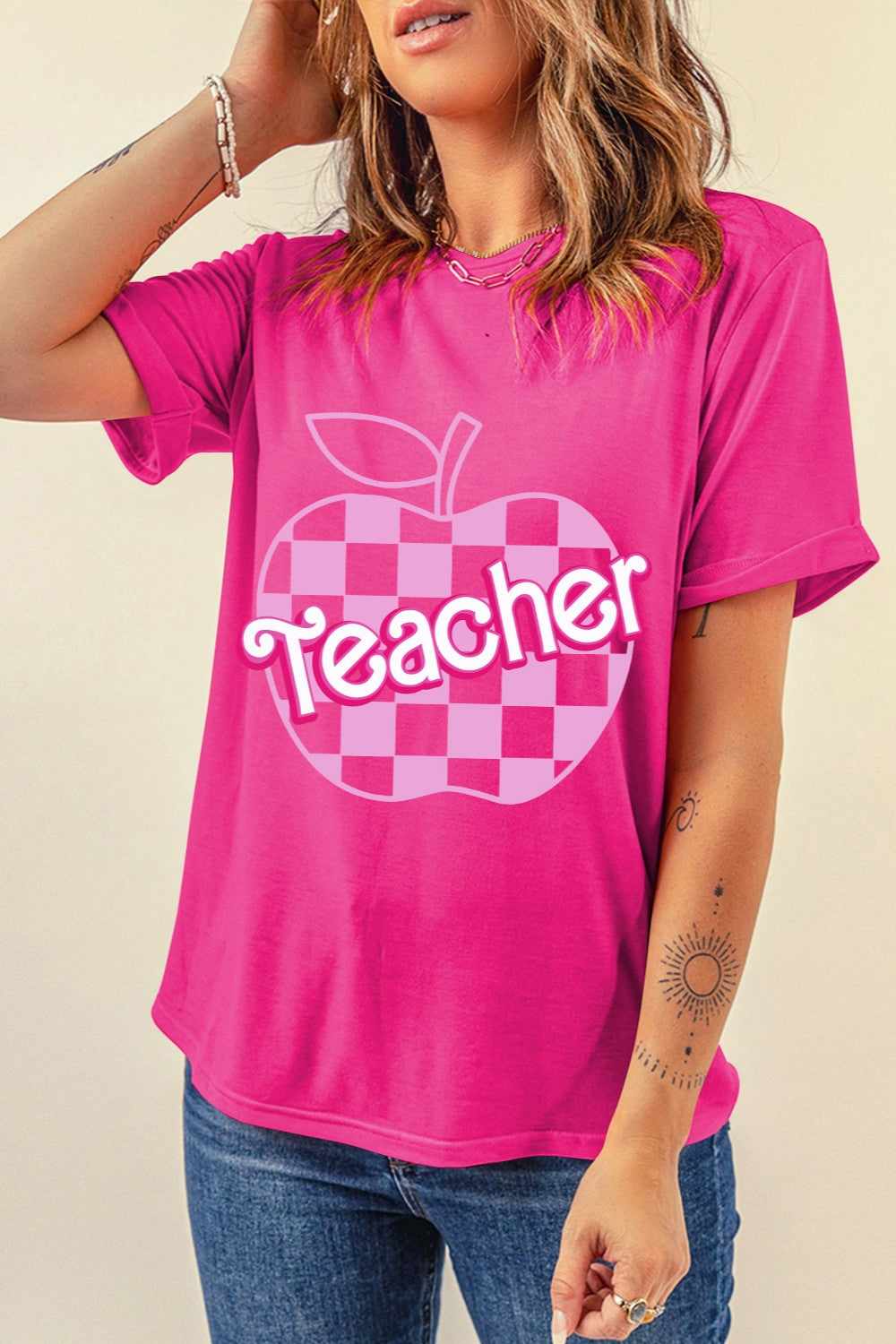 Hot Pink Teacher Apple Short Sleeve Women&#39;s Graphic T-Shirt - Sydney So Sweet