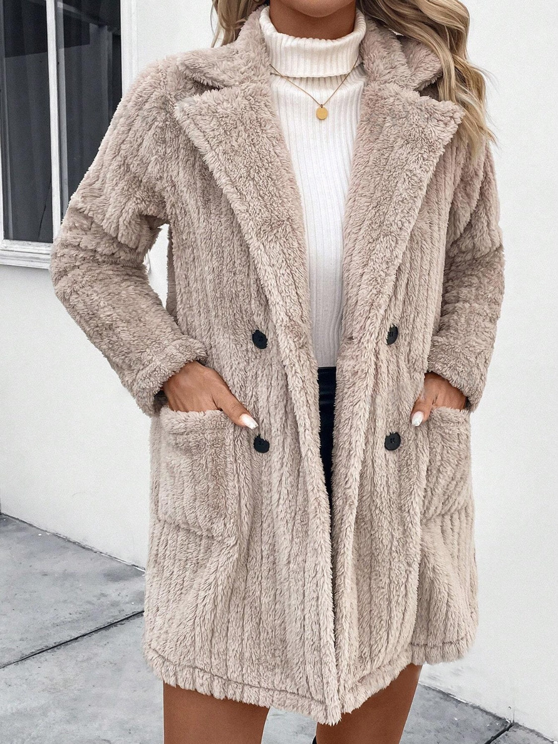 Fuzzy Button Up Long Sleeve Coat with Pockets - Sydney So Sweet