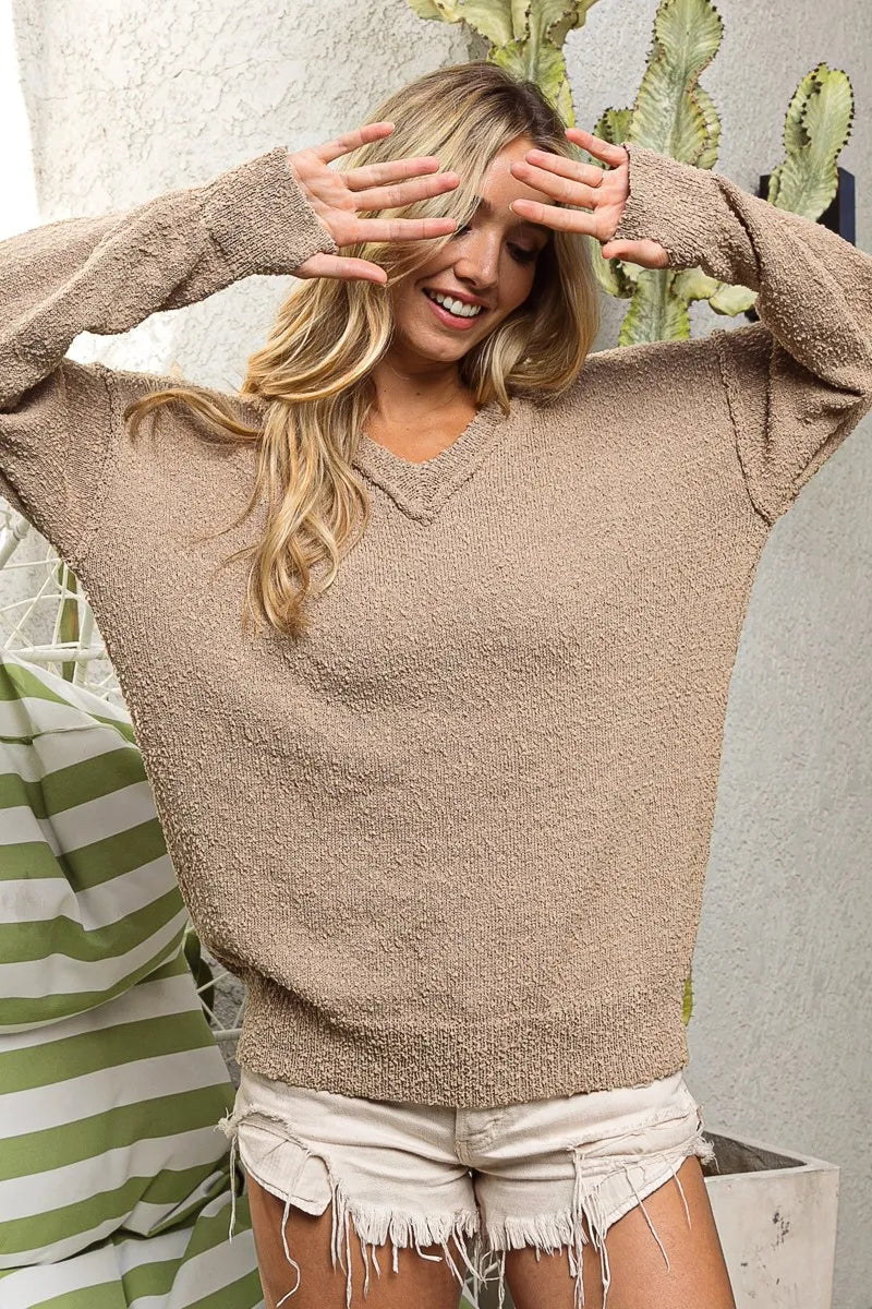 BiBi Raw Edged Popcorn Texture V-neck Sweater - Sydney So Sweet