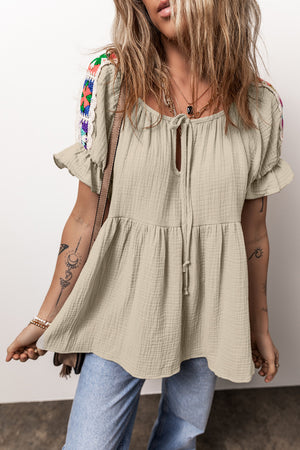 Embroidered Tie Neck Short Sleeve Blouse - Sydney So Sweet