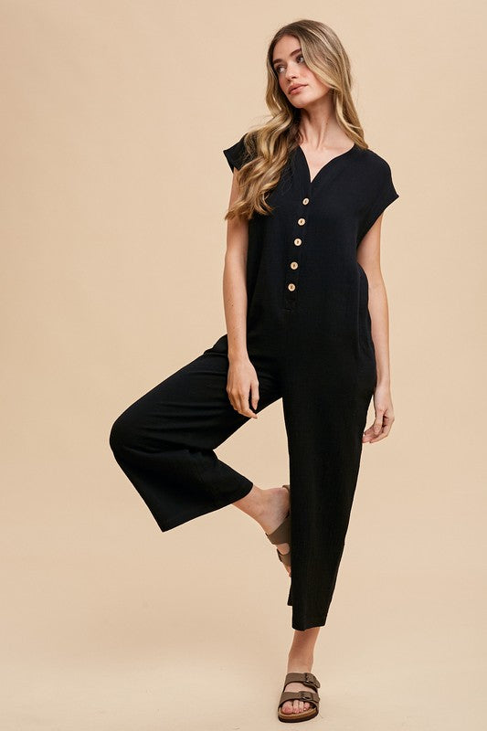 Annie Wear Button Detail Wide Leg Jumpsuit with Pockets - Sydney So Sweet