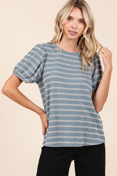 Mittoshop Contrast Striped Short Puff Sleeve Knit Top - Sydney So Sweet