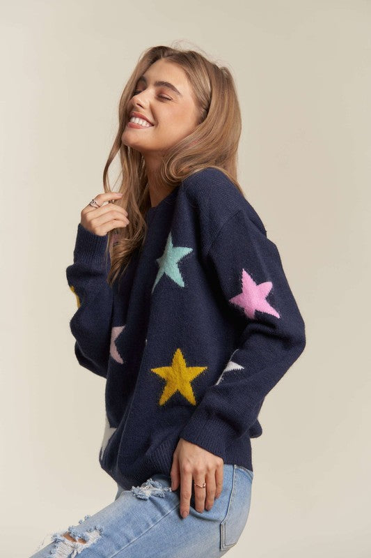 ADORA Stars Pattern Round Neck Drop Shoulder Sweater - Sydney So Sweet