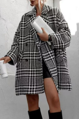 Houndstooth Collared Neck Long Sleeve Coat with Pockets - Sydney So Sweet