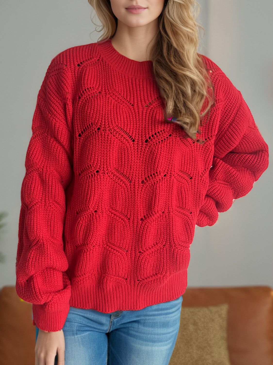 Openwork Round Neck Dropped Shoulder Sweater - Sydney So Sweet