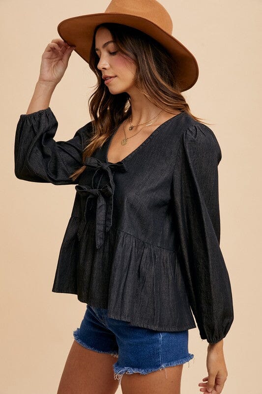 Annie Wear Tie Front Peplum Long Sleeve Denim Top - Sydney So Sweet