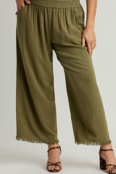 Umgee Full Size Linen Blend Elastic Waistband Wide Leg Pants Plus Size - Sydney So Sweet
