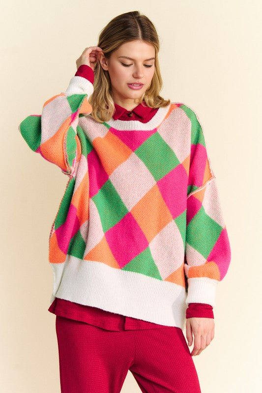 Davi & Dani Exposed Seam Color Block Dropped Shoulder Sweater - Sydney So Sweet