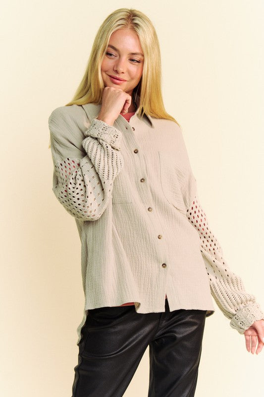 Davi & Dani Crochet Sleeve Crinkled Texture Shirt - Sydney So Sweet