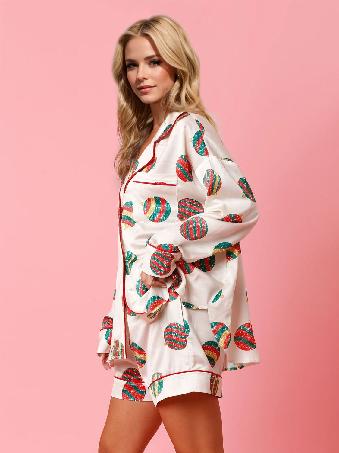 Printed Collared Neck Long Sleeve Top and Shorts Set - Sydney So Sweet