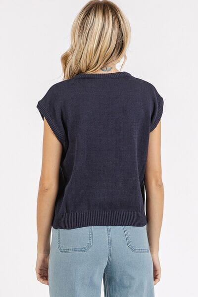 Mittoshop Contrast Letter Round Neck Cap Sleeve Knit Top - Sydney So Sweet
