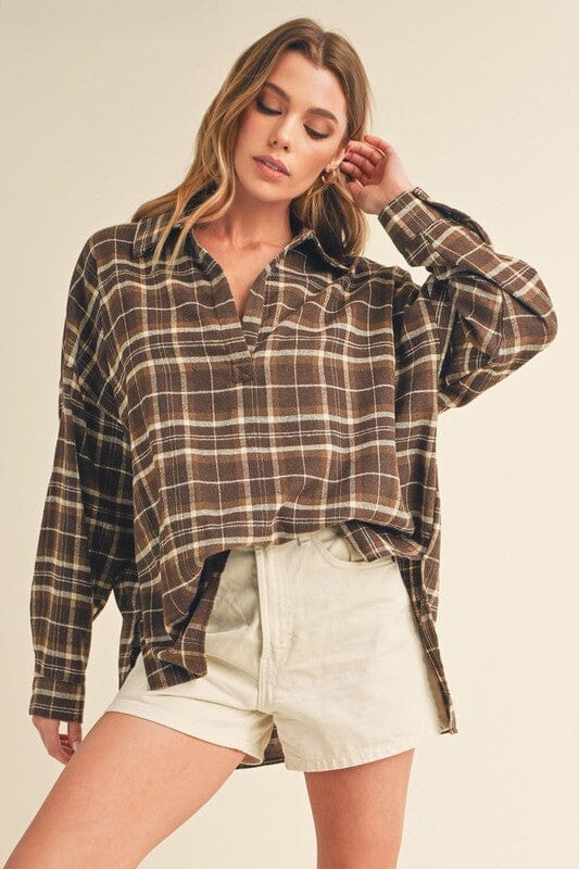 Aemi + Co Side Slit High-Low Plaid Long Sleeve Polo Shirt - Sydney So Sweet