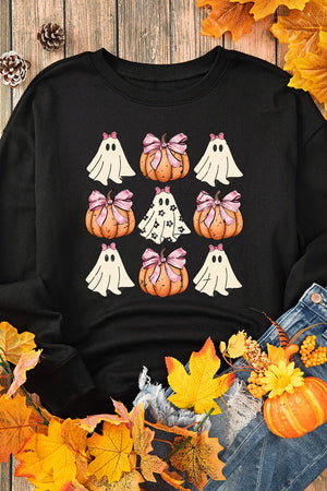 Pumpkin & Ghost Round Neck Long Sleeve Sweatshirt - Sydney So Sweet