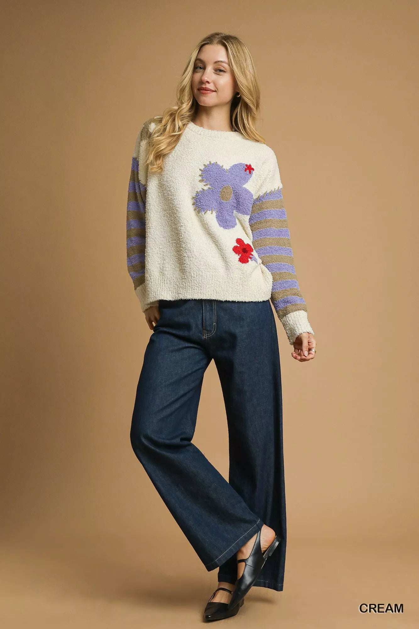 Umgee Flower Jacquard Striped Long Sleeve Sweater - Sydney So Sweet