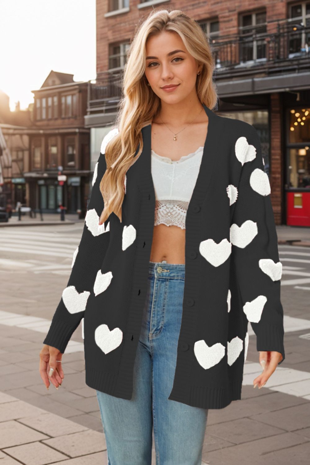 Heart Button Down Long Sleeve Cardigan - Sydney So Sweet