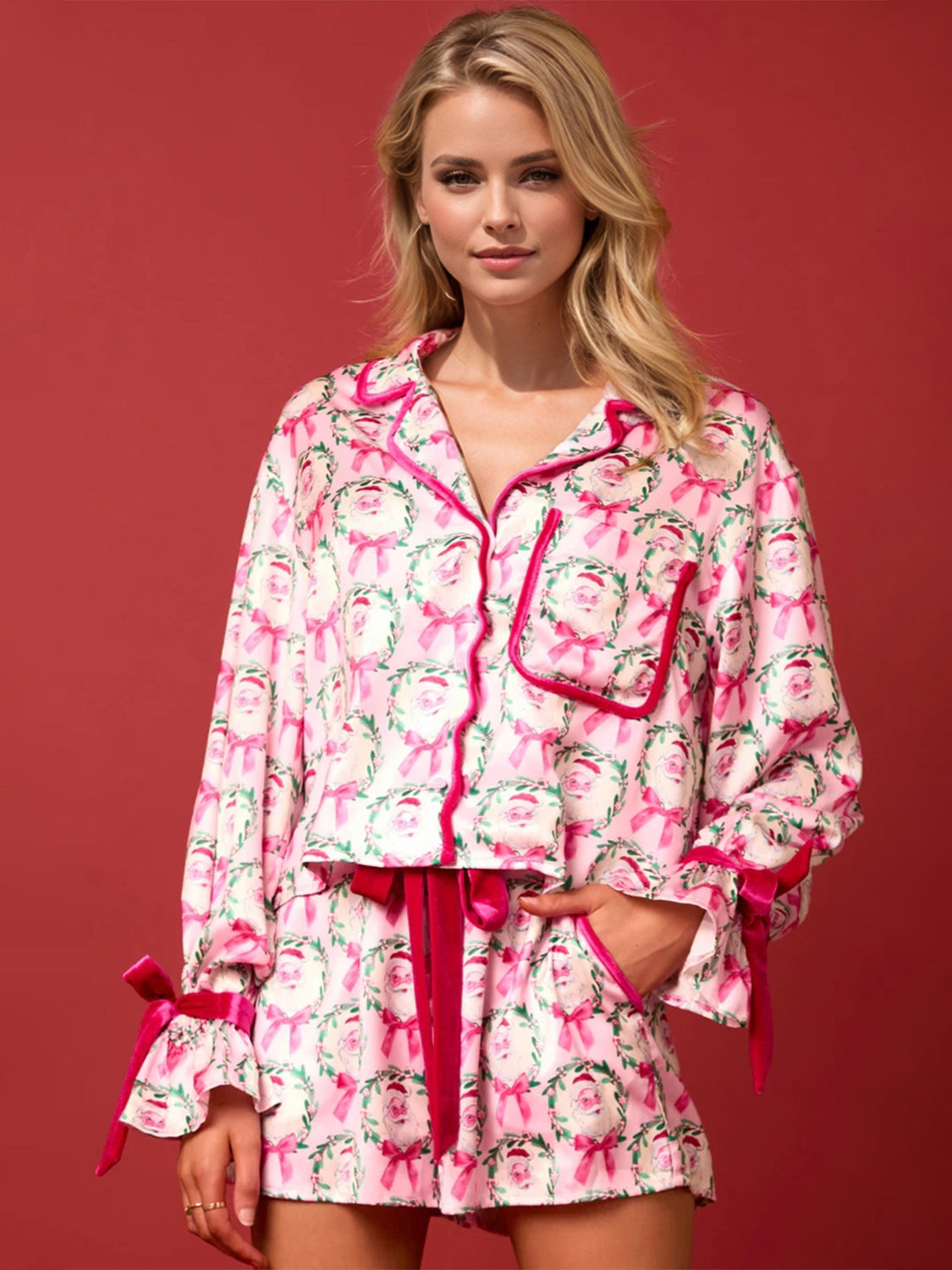 Tied Printed Collared Neck Long Sleeve Top and Shorts Set - Sydney So Sweet