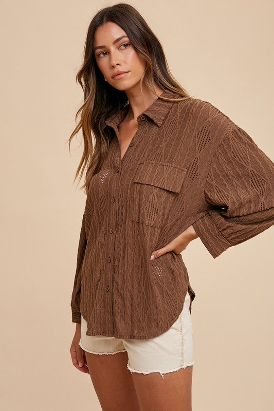 Annie Wear Openwork Button Down Drop Shoulder Shirt - Sydney So Sweet