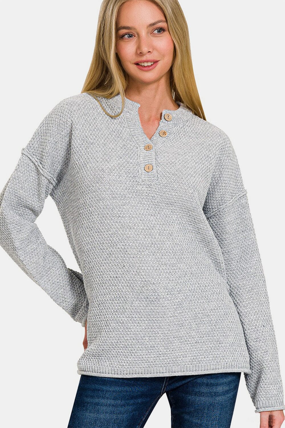 Zenana Button Closure Drop Shoulder Sweater - Sydney So Sweet