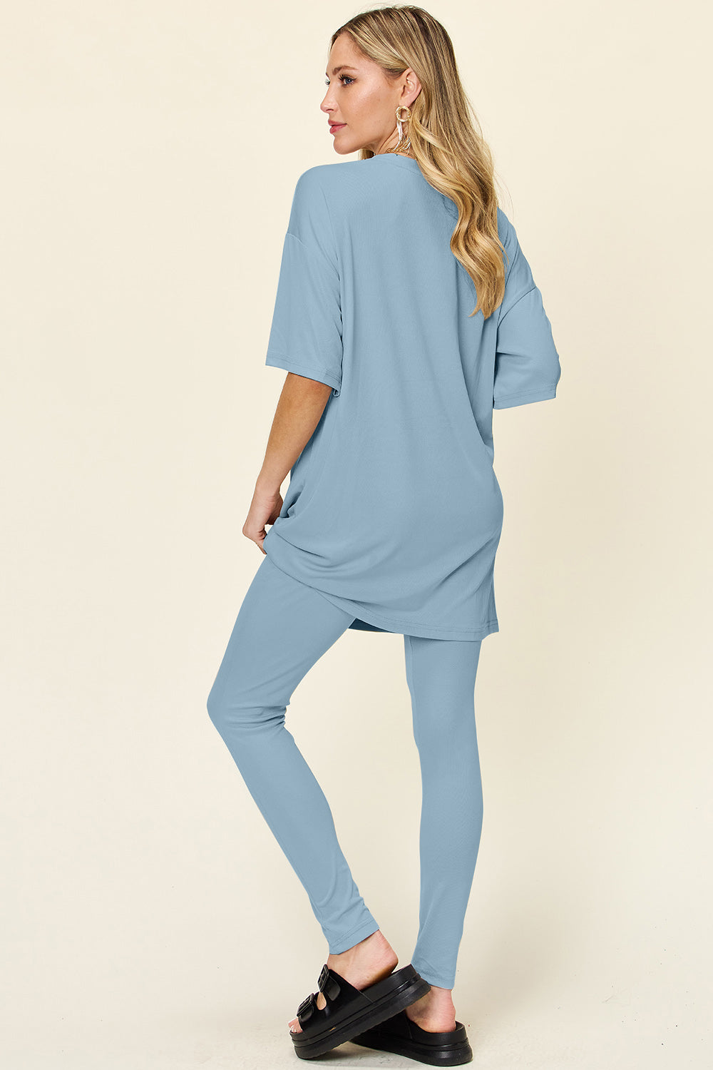 Double Take Full Size Round Neck Dropped Shoulder T-Shirt and Leggings Set - Sydney So Sweet