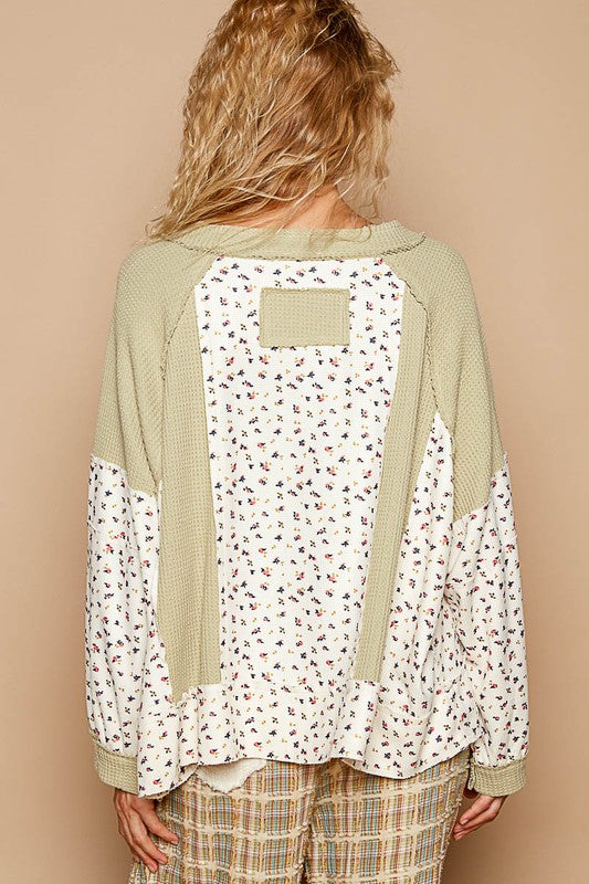 POL Waffle Knit Floral Notched Long Sleeve Top - Sydney So Sweet