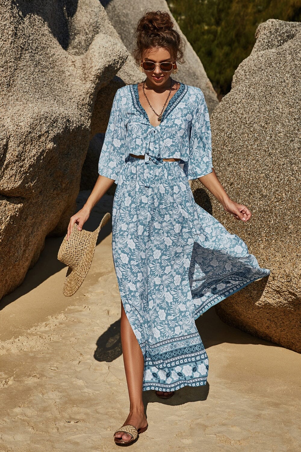 Printed Half Sleeve Top and Slit Skirt Set - Sydney So Sweet