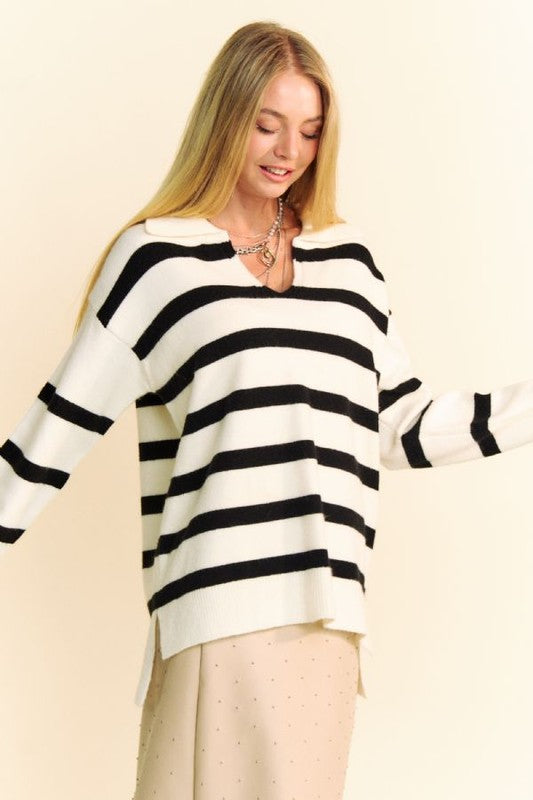 Davi & Dani High-Low Side Slit Striped Johnny Collar Sweater - Sydney So Sweet