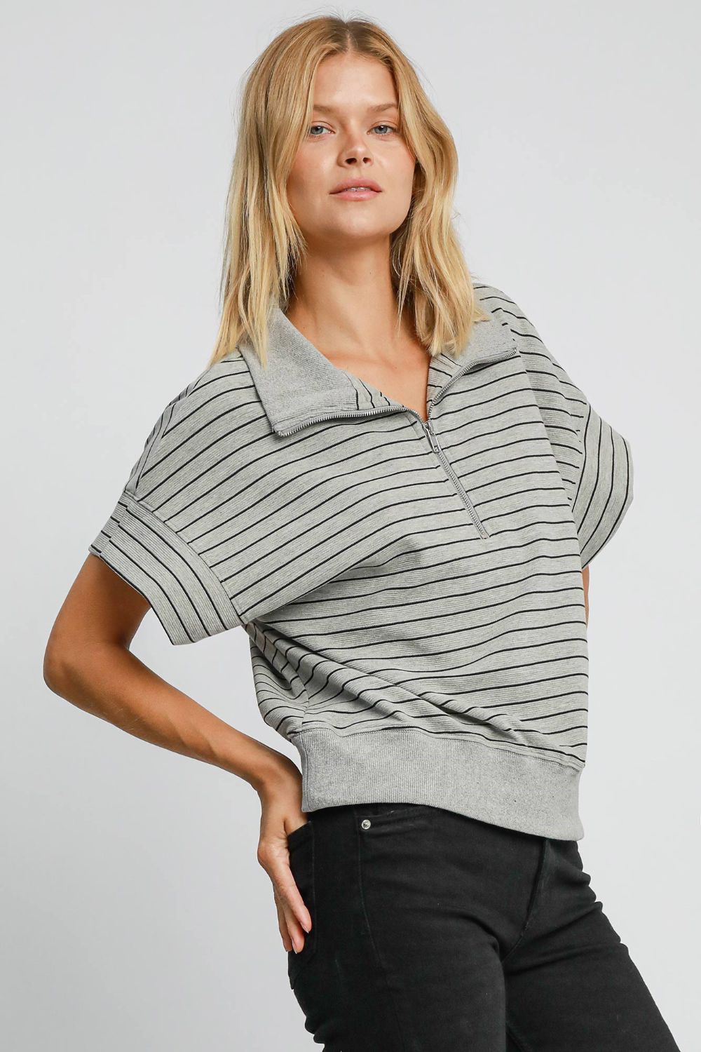 Umgee Striped Half Zip Short Sleeve Sweatshirt - Sydney So Sweet