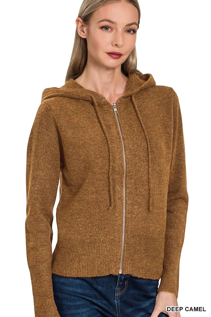 Zenana Drawstring Zip Up Hooded Cardigan - Sydney So Sweet