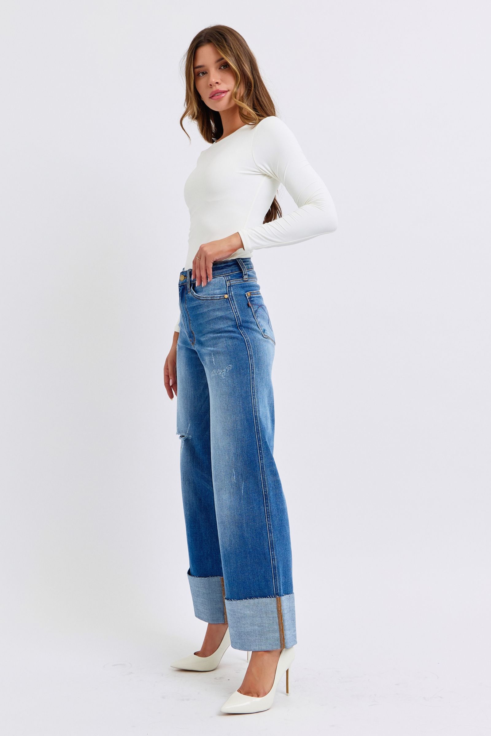 Judy Blue Full Size Distressed High Waist Wide Leg Jeans - Sydney So Sweet