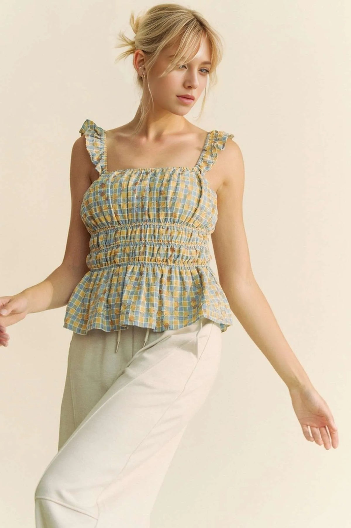 Davi & Dani Plaid Ruffled Strap Smocked Sleeveless Top - Sydney So Sweet