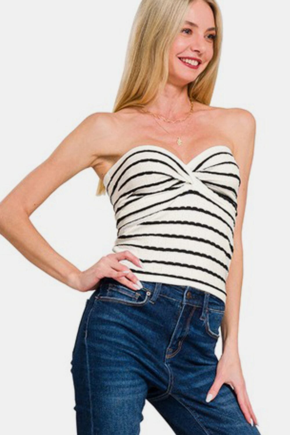 Zenana Twisted Sweetheart Neck Striped Tube Top - Sydney So Sweet