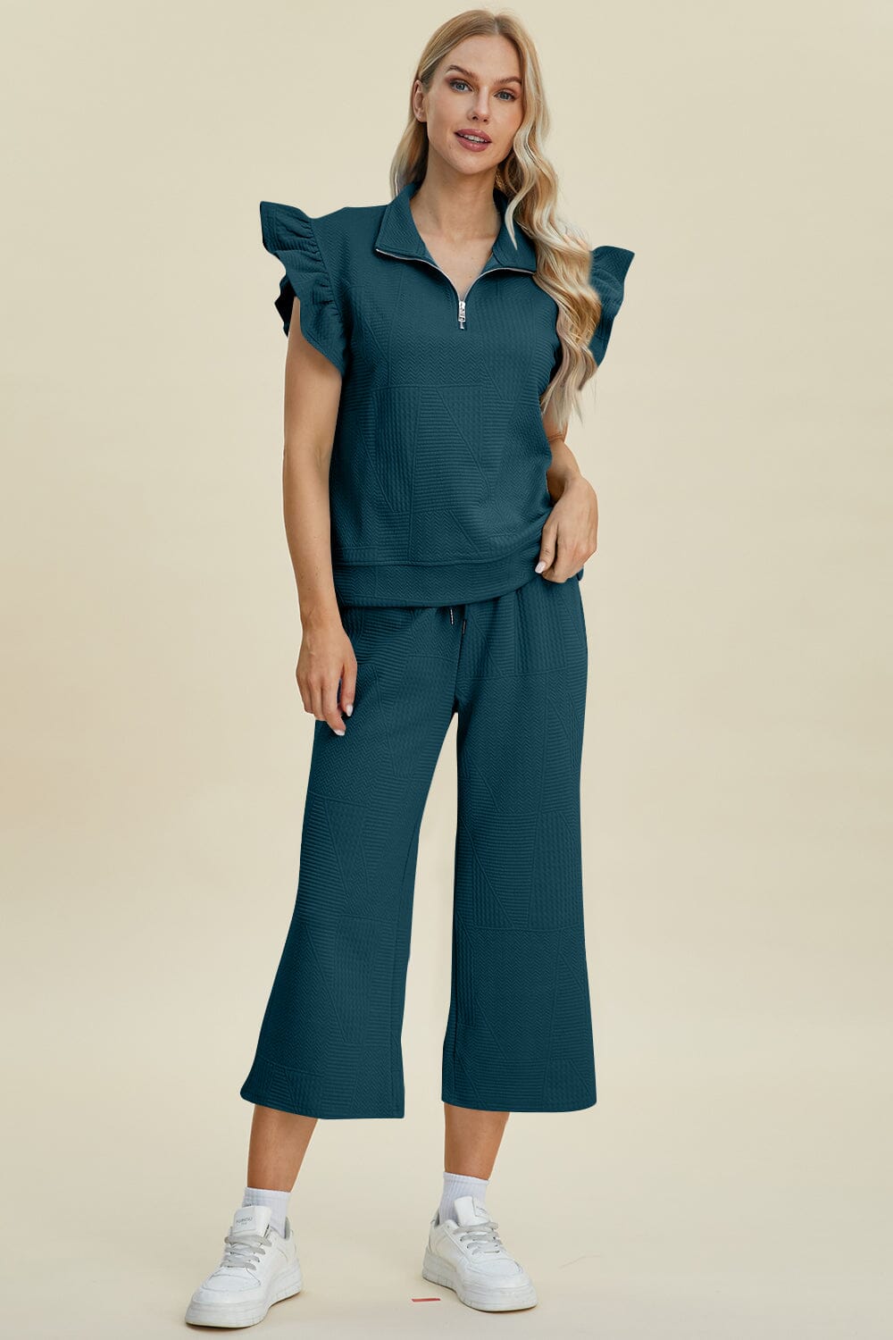 Double Take Full Size Texture Ruffle Short Sleeve Top and Wide Leg Pants Set - Sydney So Sweet