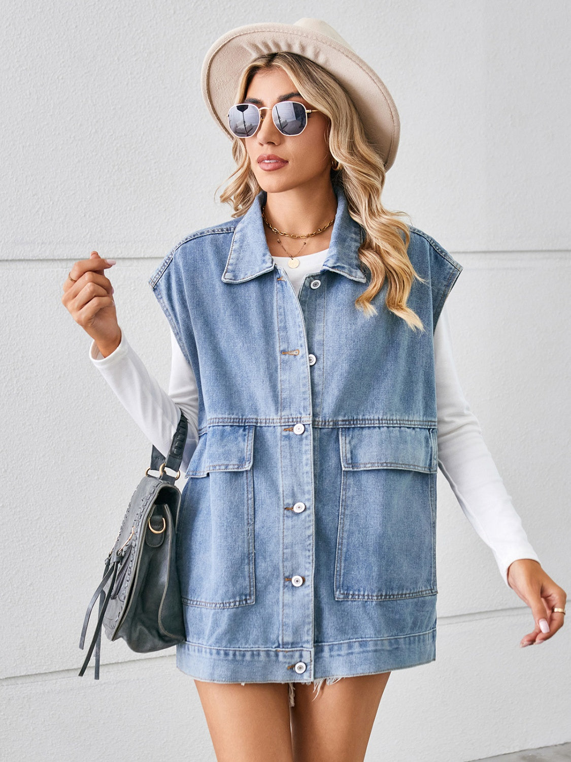 Pocketed Button Up Sleeveless Denim Jacket - Sydney So Sweet