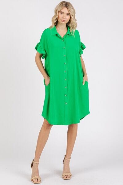 Mittoshop Button Down Flounce Sleeve Dress with Pockets - Sydney So Sweet