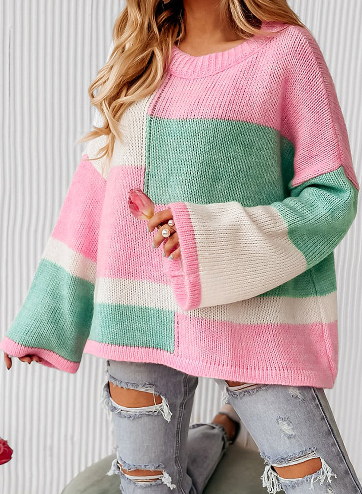 Color Block Round Neck Drop Shoulder Sweater - Sydney So Sweet