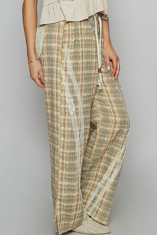 POL Lace Trim Drawstring Checkered Wide Leg Pants - Sydney So Sweet