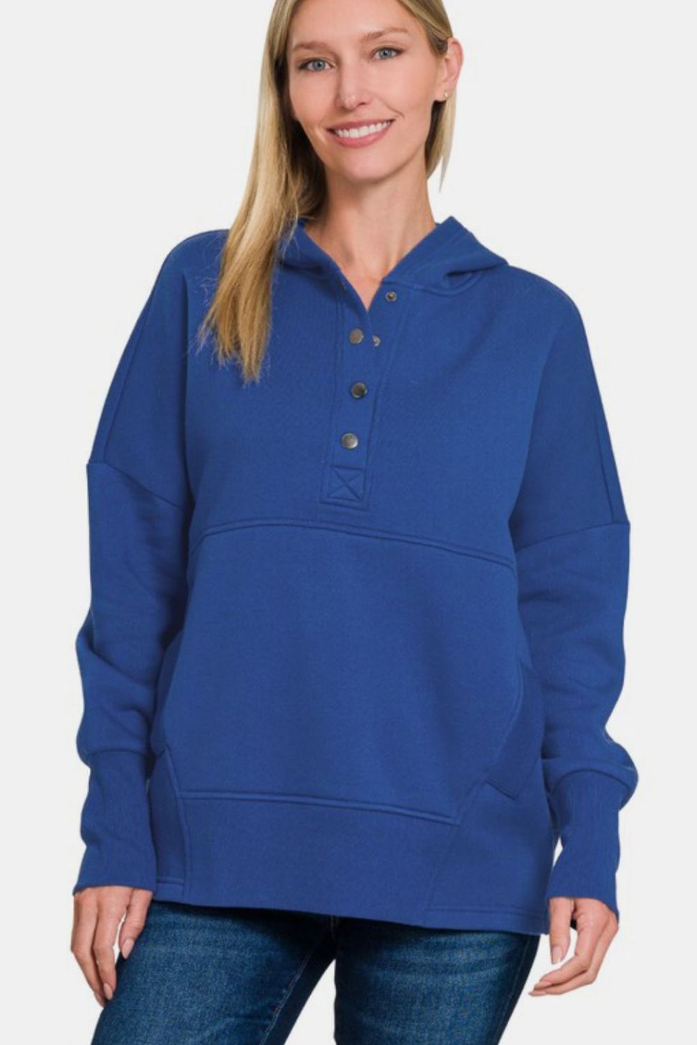 Zenana Half Snap Long Sleeve Hoodie with Kangaroo Pocket - Sydney So Sweet