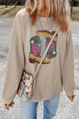 Full Size Sequin Boots Round Neck Long Sleeve Sweatshirt - Sydney So Sweet