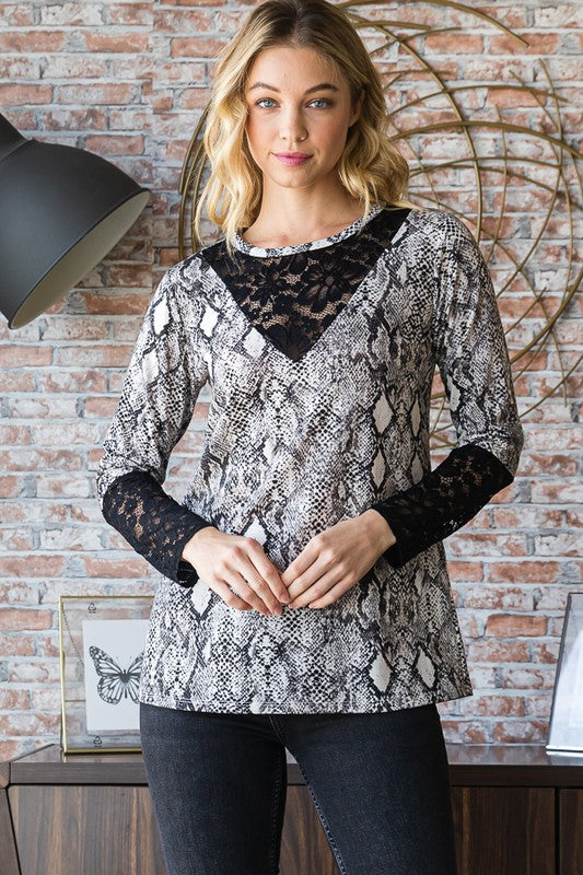 Heimish Full Size Snakeskin Print Round Neck Lace Contrast Top - Sydney So Sweet