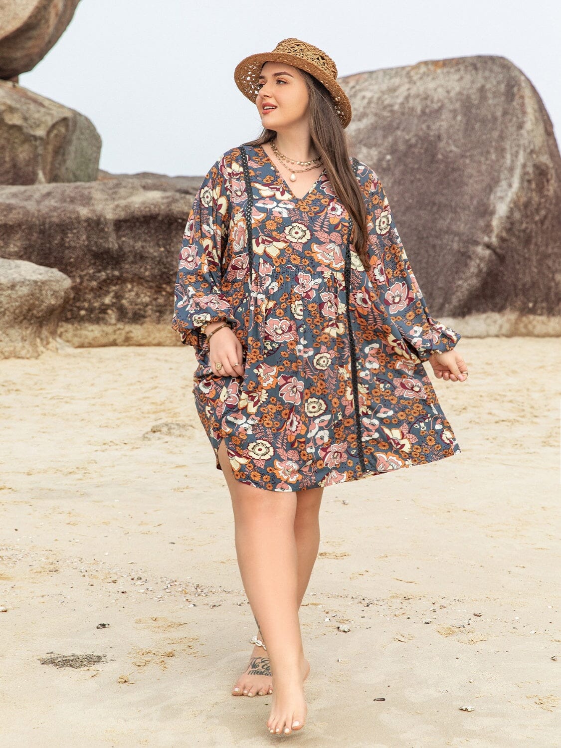 Plus Size Printed V-Neck Balloon Sleeve Mini Dress - Sydney So Sweet