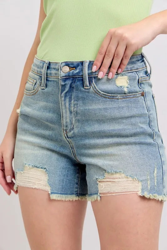 Judy Blue High Rise Washed Fly Stitch Detail and Destroy Denim Shorts - Sydney So Sweet