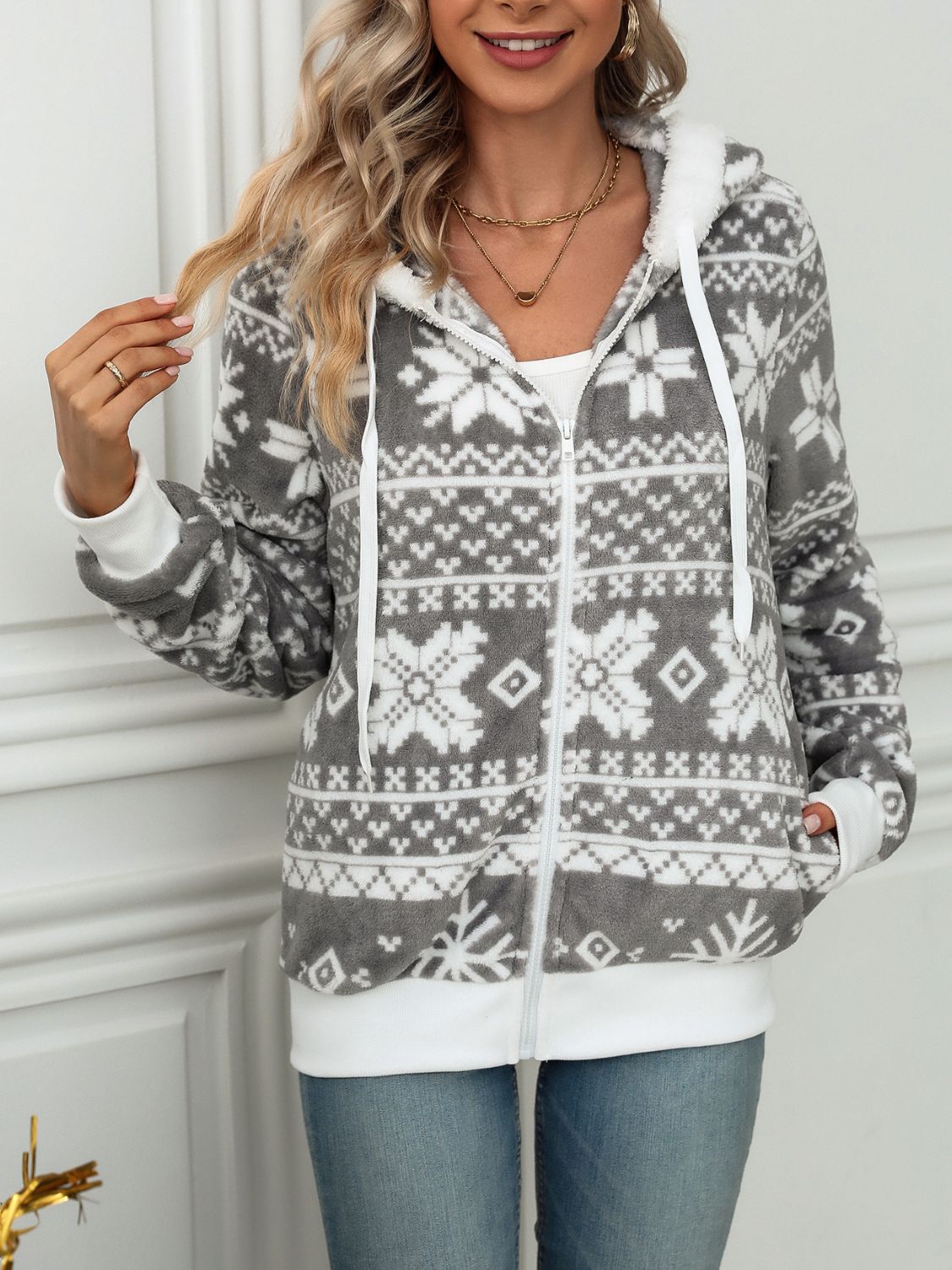 Drawstring Snowflake Zip Up Hooded Jacket - Sydney So Sweet