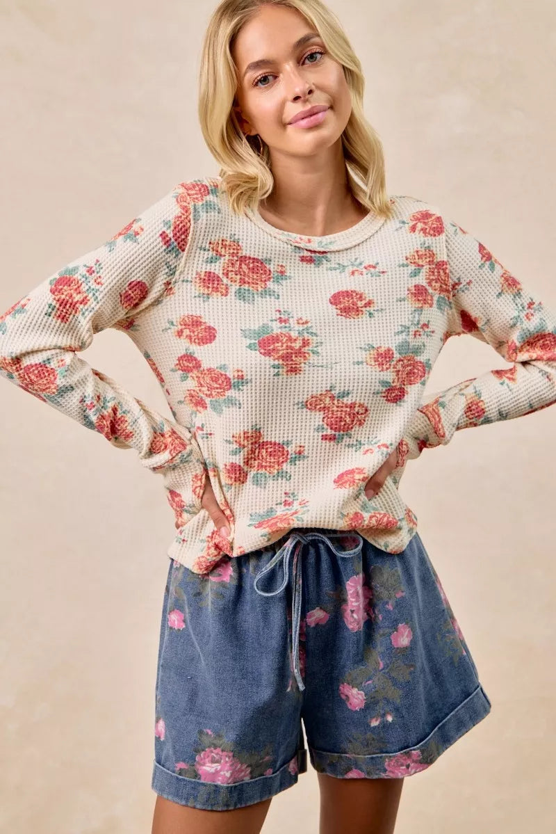 BiBi Floral Print Washed Waffle Thermal Top With Thumb - Sydney So Sweet