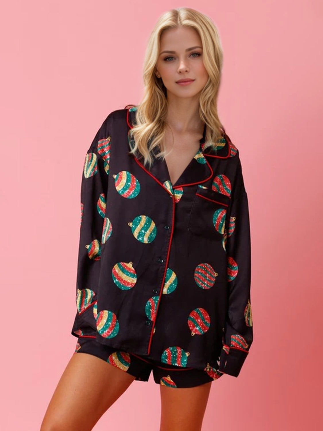 Printed Collared Neck Long Sleeve Top and Shorts Set - Sydney So Sweet