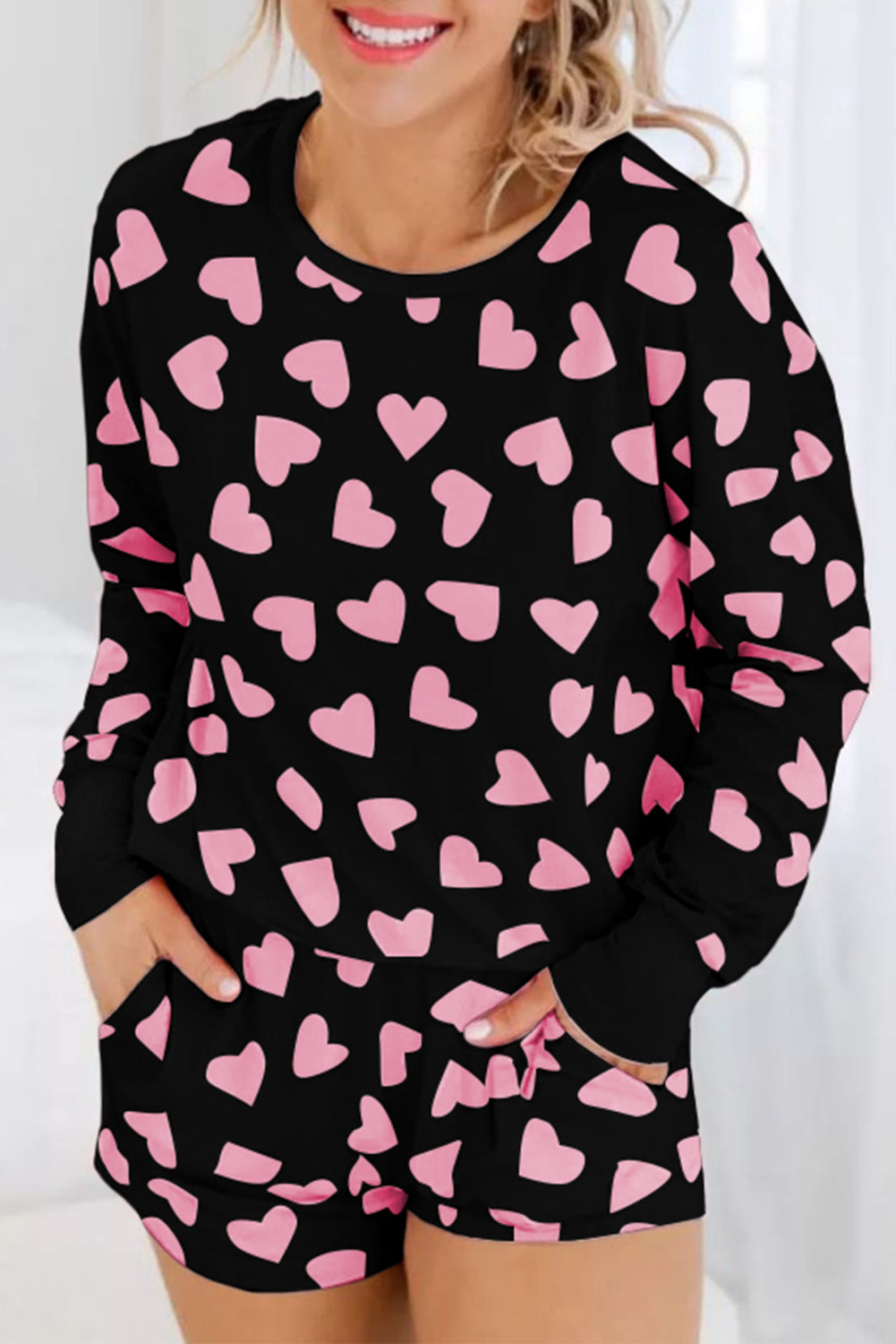 Heart Print Long Sleeve Top and Shorts Lounge Set - Sydney So Sweet