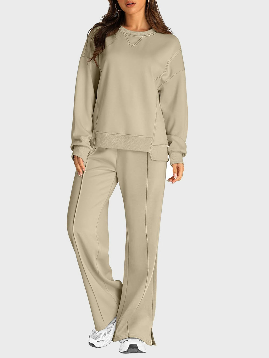 Round Neck Long Sleeve Top and Slit Pants Set - Sydney So Sweet