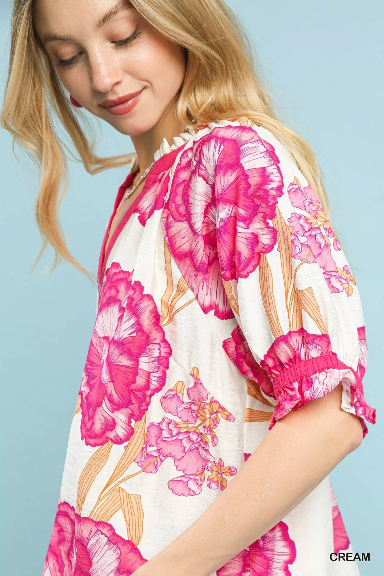 Umgee Floral V-Neck Puff Sleeve Blouse - Sydney So Sweet